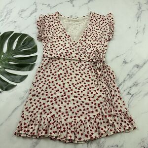Billabong Womens Mini Wrap Dress Size L Cream Red Floral Ruffle Trim Flutter